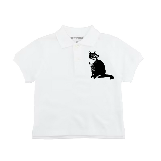 White t-shirt with a black cat graphic on a white background