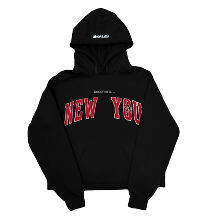 Black hoodie with red text on a white background