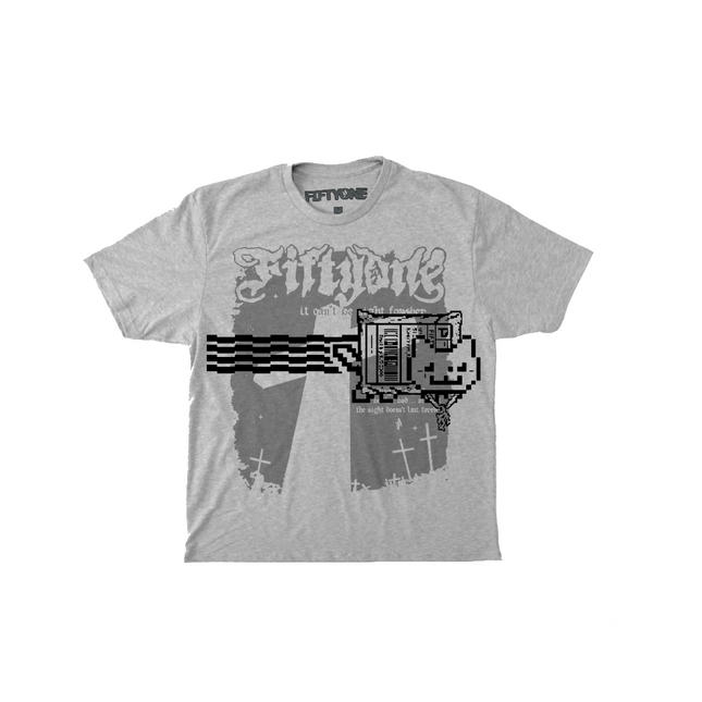 Gray t-shirt with graphic design on a white background