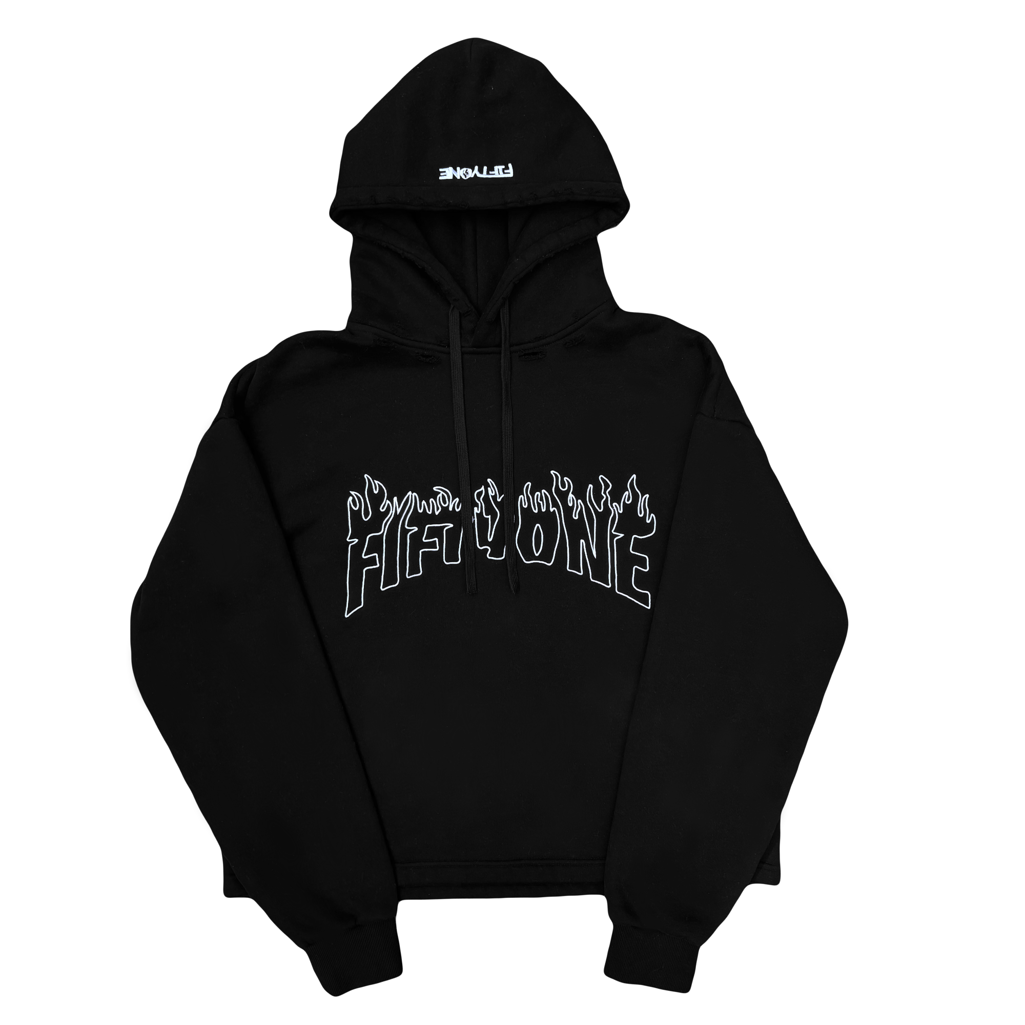 Black hoodie with white text on a white background