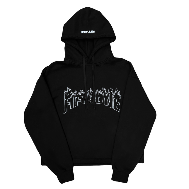 Black hoodie with white text on a white background
