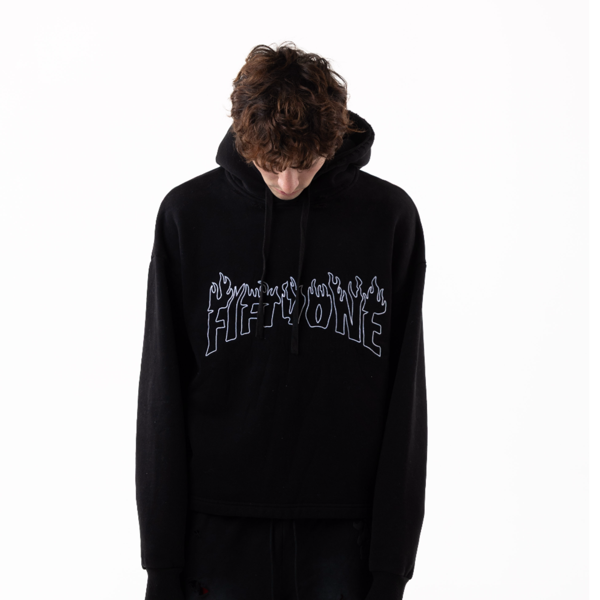 Person wearing a black hoodie with 'Fiftyone' text on a white background