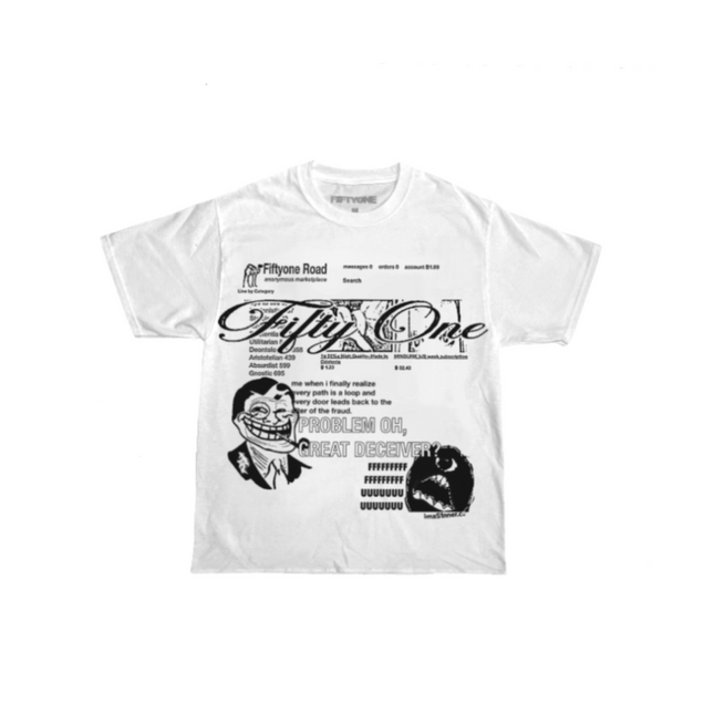 White t-shirt with black graphic design on a white background