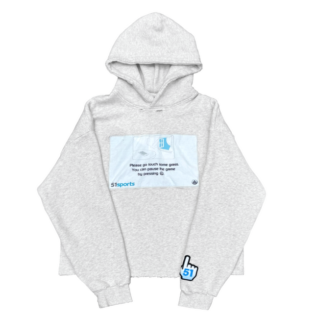 Gray hoodie with a screen print design on a white background